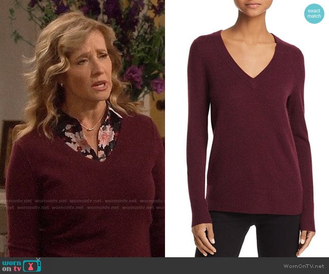 Aqua V-Neck Cashmere Sweater in Heather Burgundy worn by Vanessa Baxter (Nancy Travis) on Last Man Standing