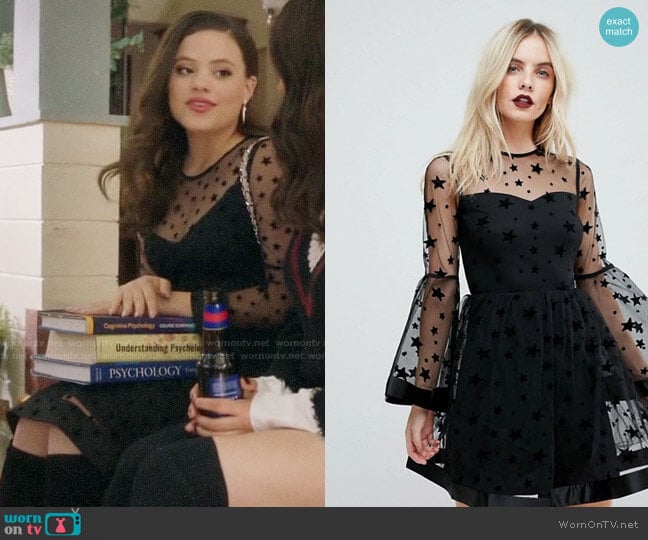 ASOS Star Mesh Fluted Sleeve Mini Skater Dress worn by Maggie Vera (Sarah Jeffery) on Charmed