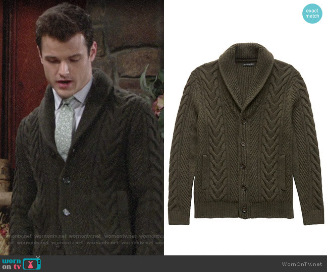 Banana Republic Cable-Knit Shawl-Collar Cardigan Sweater worn by Kyle Abbott (Michael Mealor) on The Young and the Restless