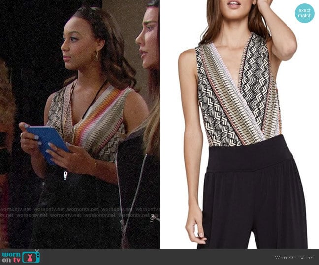 Bcbgeneration Tropical Ripple Low V-Neck Bodysuit worn by Emma Barber (Nia Sioux) on The Bold and the Beautiful