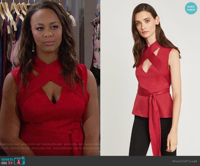 Bcbgmaxazria Criss Cross Wrap Tie Top worn by Emma Barber (Nia Sioux) on The Bold and the Beautiful