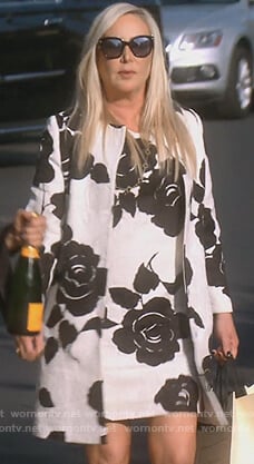 Shannon’s black and white floral dress and coat on The Real Housewives of Orange County
