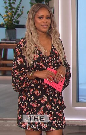 Eve’s black floral print wrap dress on The Talk