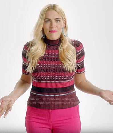 Busy’s pink and purple patterned short sleeve sweater on Busy Tonight Promos