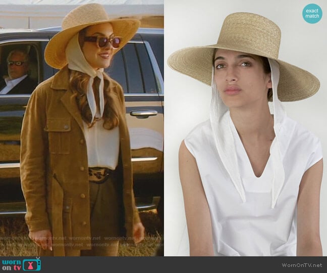 Clyde World Wide Brim Flat Hat w Neck Shade worn by Fallon Carrington (Elizabeth Gillies) on Dynasty