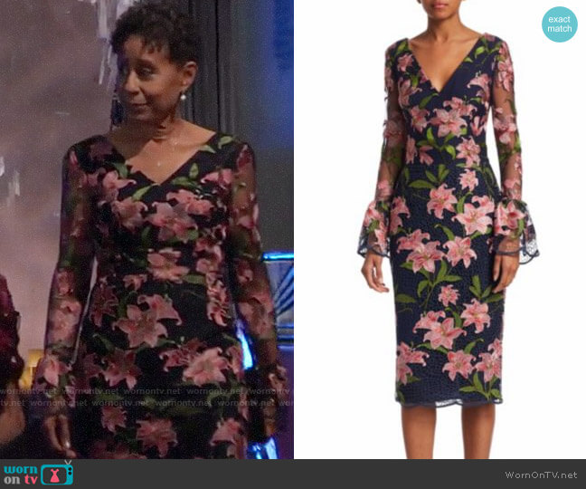 David Meister Floral Embroidered Bell-Sleeve Sheath Dress worn by Stella Henry (Vernee Watson) on General Hospital