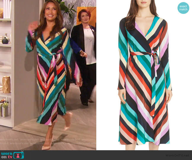 Diane von Furstenberg Stripe Silk Wrap Midi Dress worn by Carrie Inaba on The Talk