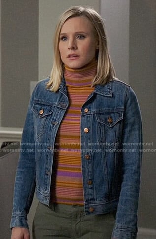 Eleanor’s orange striped turtleneck and denim jacket on The Good Place