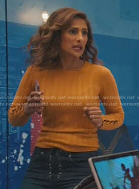 Emet’s orange ribbed button sleeve sweater on I Feel Bad