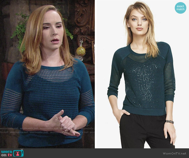 Express Raglan Sleeve Open Mesh Sweater worn by Mariah Copeland (Camryn Grimes) on The Young and the Restless