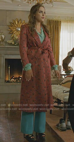 Fallon’s red printed striped coat and flared pants on Dynasty