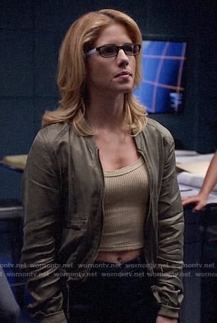 Felicity’s cropped tank top and green bomber jacket on Arrow