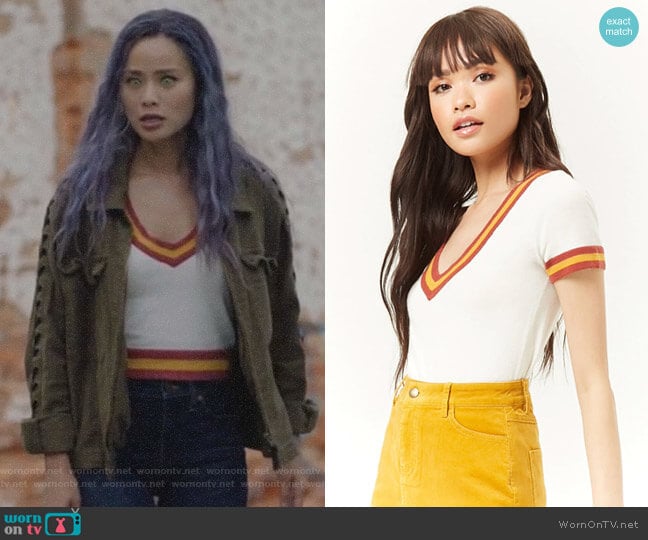 Forever 21 Sweater-Knit Varsity Striped Top worn by Clarice Fong (Jamie Chung) on The Gifted
