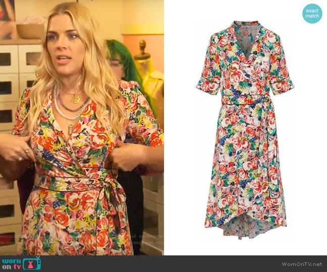 Ganni Floral-print silk-crepe wrap dress worn by Busy Philipps on Busy Tonight