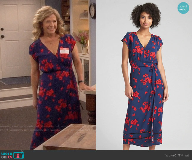 GAP Floral Print Midi Wrap Dress in Navy Floral worn by Vanessa Baxter (Nancy Travis) on Last Man Standing
