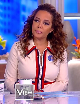 Sunny’s white striped zip front dress on The View
