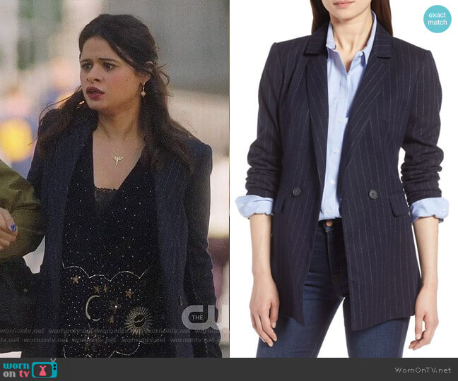 Halogen Double Breasted Blazer in Navy Chalk Stripe worn by Mel Vera (Melonie Diaz) on Charmed