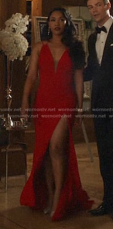 Iris’s red plunge neck gown on The Flash