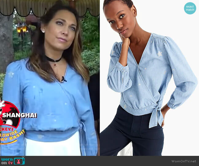 J. Crew Chambray Wrap Top in Star Print worn by Ginger Zee on Good Morning America