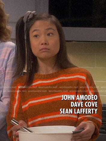 Jen’s brown striped sweater on Last Man Standing