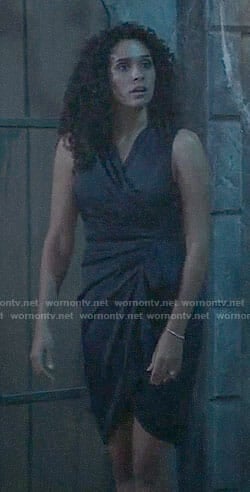 Jordan’s navy ruffled wrap dress on General Hospital