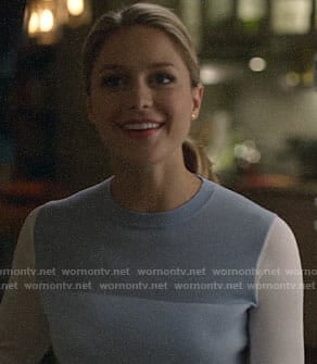 Kara’s blue colorblock sweater on Supergirl