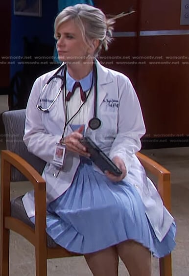 Kayla’s blue and white pleated dress on Days of our Lives
