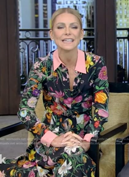 Kelly’s black floral midi dress on Live with Kelly and Ryan
