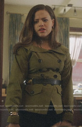 Maggie’s green double breasted off-shoulder jacket on Charmed