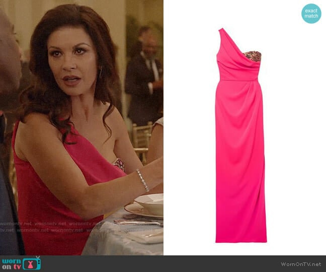 Marchesa Notte One-shoulder Embellished Gown worn by Vicki Ellis (Catherine Zeta-Jones) on Queen America