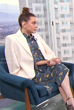 Melanie’s blue insect print shirtdress on Live From E!