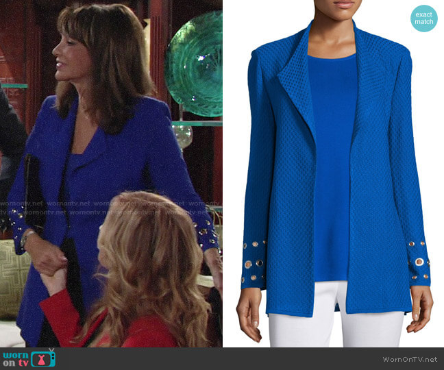 Misook Long Knit Jacket with Grommet Detail worn by Jill Abbott (Jess Walton) on The Young and the Restless
