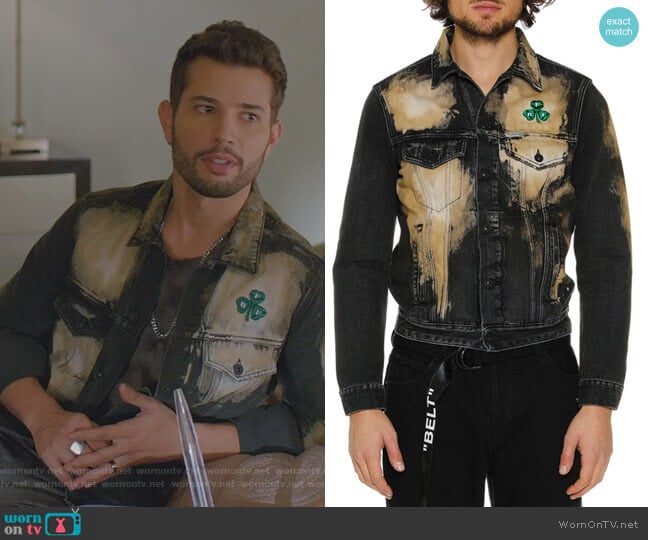 Off White Distressed Spots-Washed Slim Denim Jacket worn by Sam Flores (Rafael de la Fuente) on Dynasty