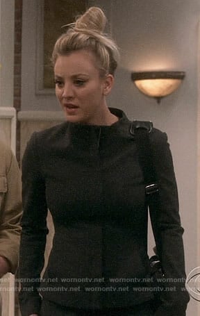 Penny’s black funnel neck jacket on The Big Bang Theory