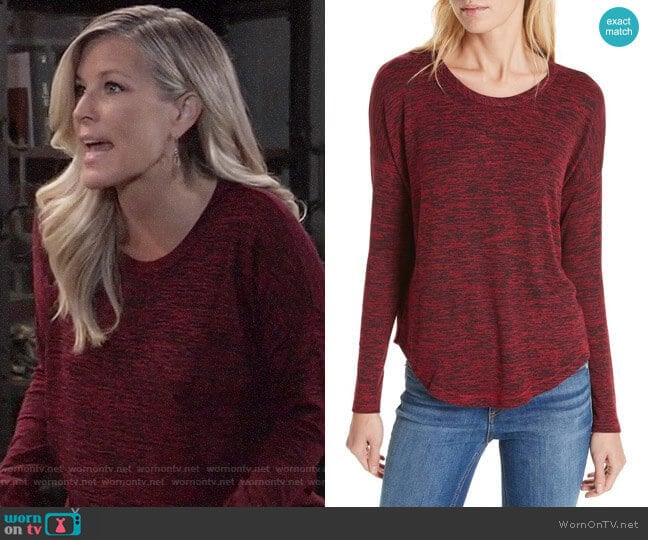 Rag and Bone Hudson Tee in Deep Berry worn by Carly Spencer (Laura Wright) on General Hospital