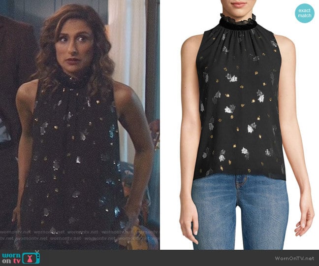Rebecca Taylor Sleeveless Metallic Tulip Blouse worn by Emet Kamala-Sweetzer (Sarayu Blue) on I Feel Bad