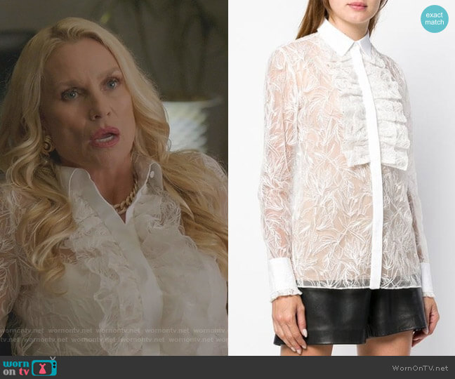 Roberto Cavalli Ruffle Front Lace Shirt worn by Alexis Carrington (Elaine Hendrix) on Dynasty
