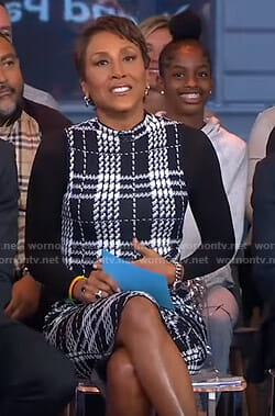 Robin’s black plaid sheath dress on Good Morning America