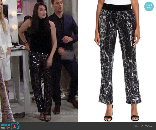 RtA Ash Sequin Leopard-Print Jogger Pants worn by Quinn Fuller (Rena Sofer) on The Bold and the Beautiful