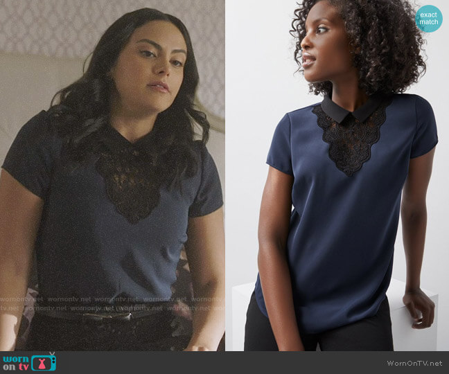 RW&Co Collared Mixed Media T-Shirt With Lace in Black Iris worn by Veronica Lodge (Camila Mendes) on Riverdale