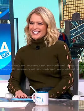 Sara’s green lace-up sleeve sweater on GMA Day