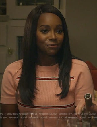 Michaela’s pink striped short sleeve sweater on How to Get Away with Murder