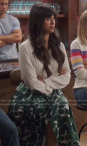 Tahani’s leaf print skirt and white blouse on The Good Place