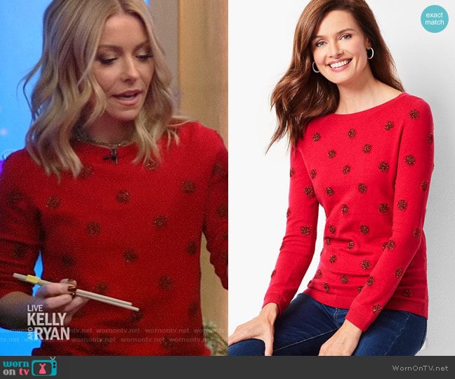Talbots Tinsel-Dot Bateau-Neck Sweater worn by Kelly Ripa on Live with Kelly and Mark