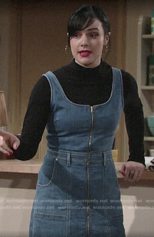 Tessa’s black turtleneck and denim zip-front dress on The Young and the Restless