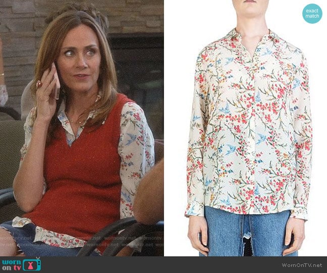 The Kooples Bird Avian & Floral-Print Silk Shirt worn by Maya (Diane Farr) on Splitting Up Together