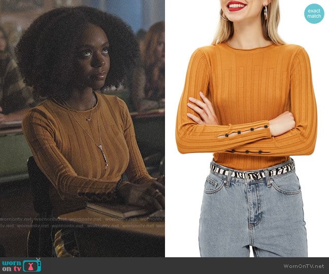 Topshop Ribbed Sweater in Mustard worn by Josie McCoy (Ashleigh Murray) on Riverdale