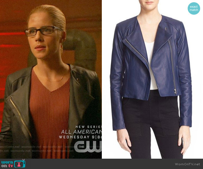 Veda Dali Leather Jacket in Lapis worn by Felicity Smoak (Emily Bett Rickards) on Arrow