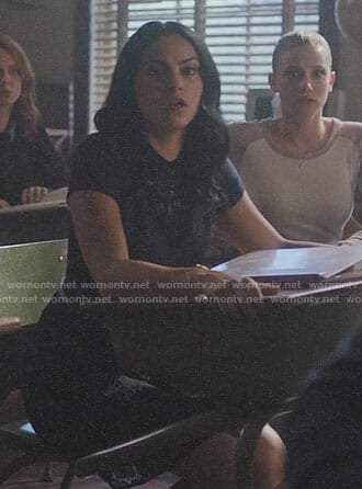 Veronica’s navy blue top with black lace on Riverdale