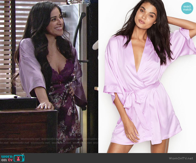 Victorias Secret Short Satin Kimono in Violet Muse worn by Mia Rosales (Noemi Gonzalez) on The Young and the Restless